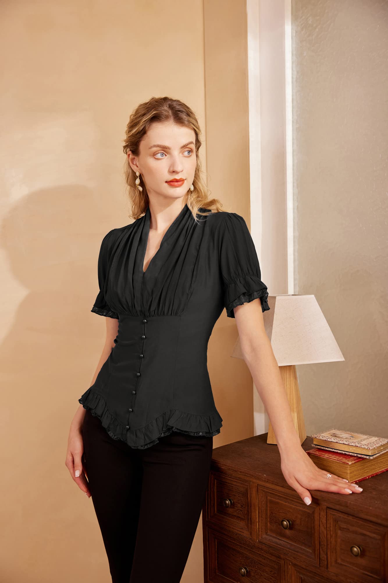 Womens 2024 Black Blouse Victorian Steampunk V Neck Shirt Black Button Down Dressy Top Black M