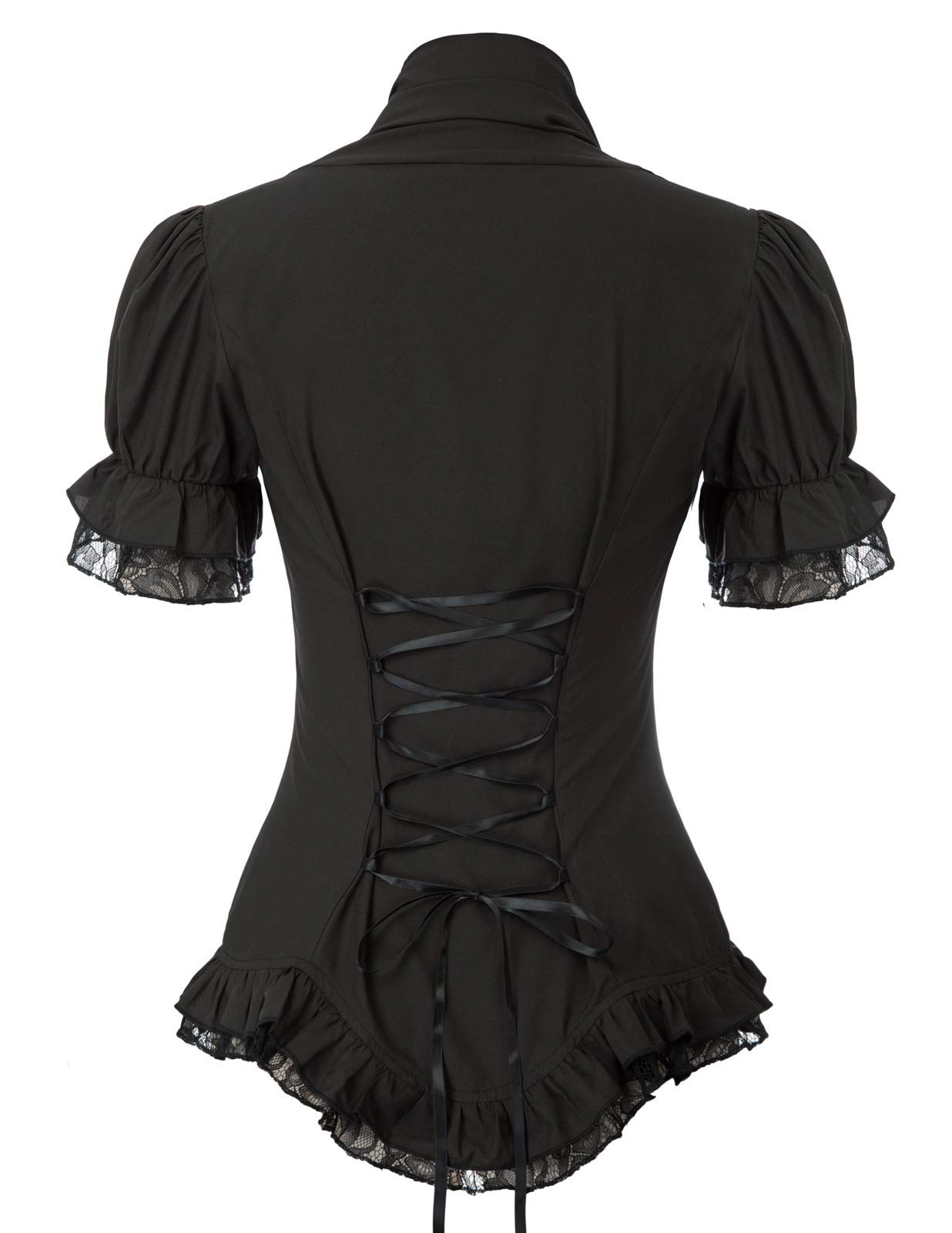 Womens 2024 Black Blouse Victorian Steampunk V Neck Shirt Black Button Down Dressy Top Black M