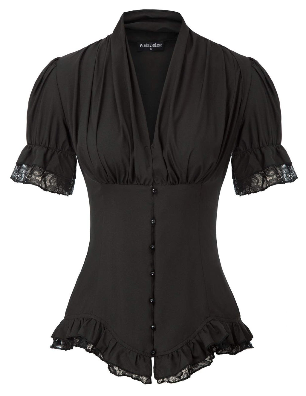 Womens 2024 Black Blouse Victorian Steampunk V Neck Shirt Black Button Down Dressy Top Black M