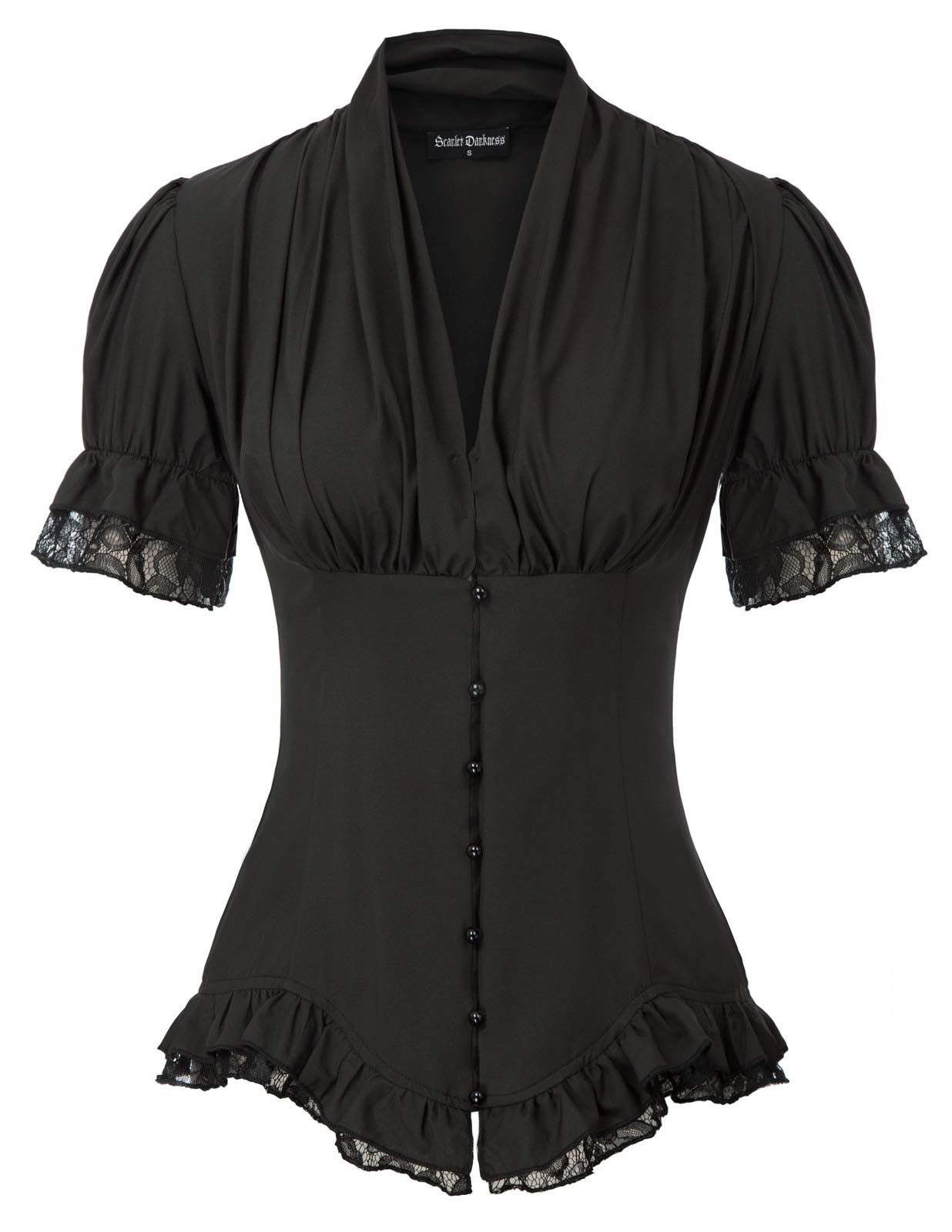 Womens 2024 Black Blouse Victorian Steampunk V Neck Shirt Black Button Down Dressy Top Black M