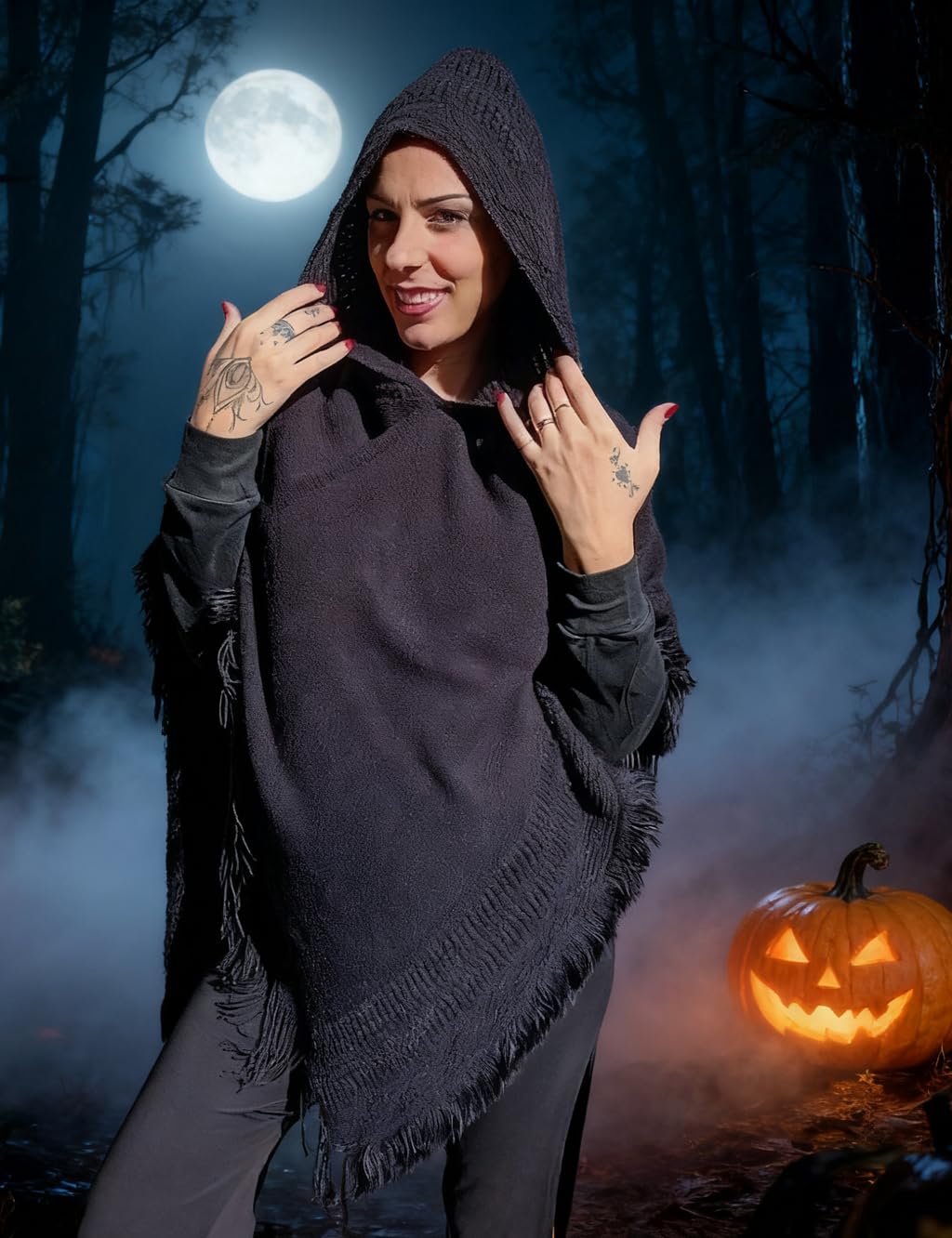 Ferand Ladies' Hooded Cape with Fringed Hem, Crochet Poncho Knitting Patterns for Women, Black