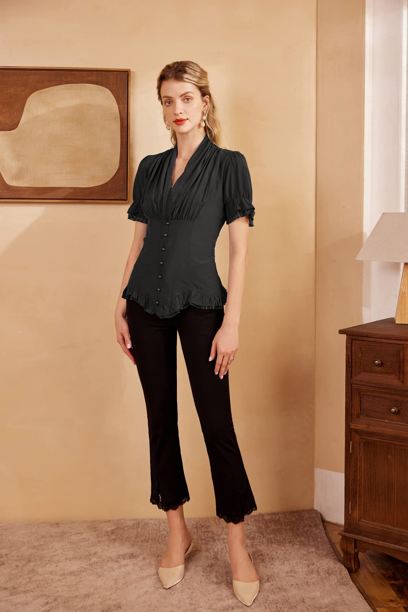 Womens 2024 Black Blouse Victorian Steampunk V Neck Shirt Black Button Down Dressy Top Black M