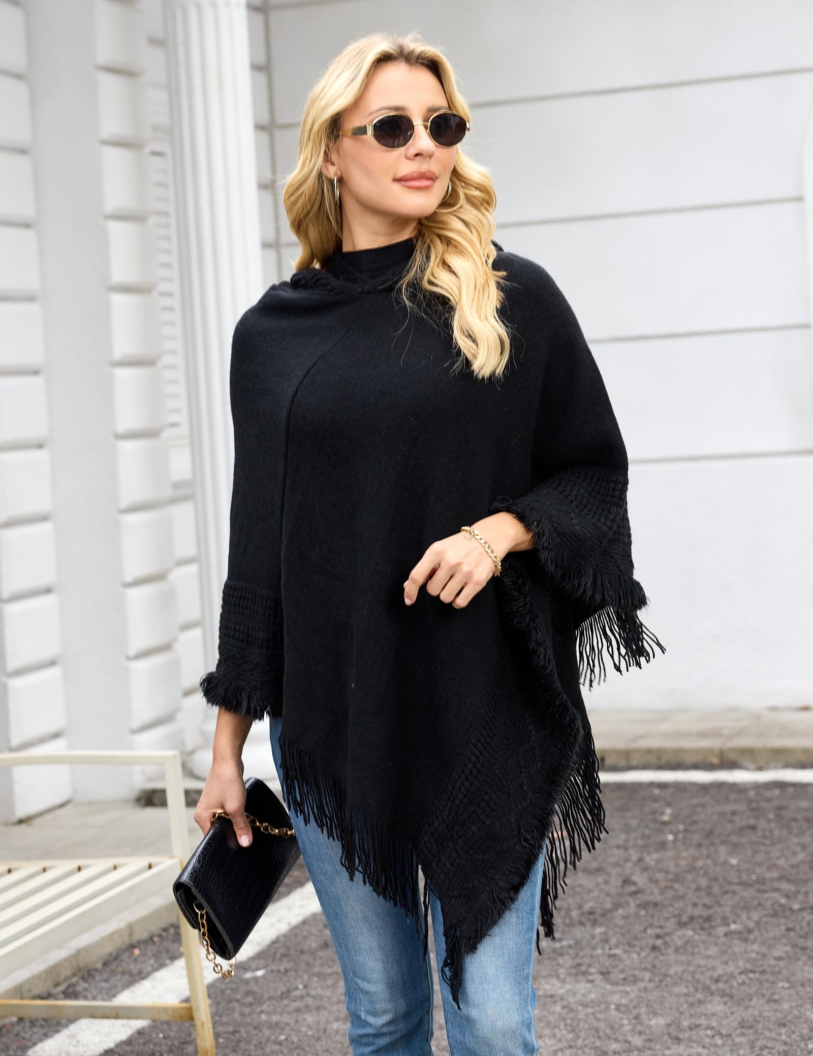 Ferand Ladies' Hooded Cape with Fringed Hem, Crochet Poncho Knitting Patterns for Women, Black