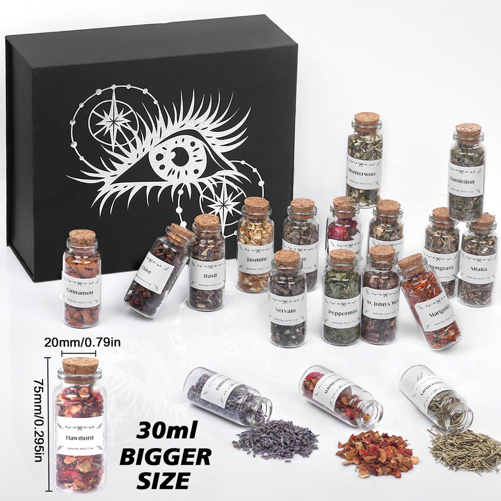 Witchcraft Supplies Herbs and Flowers Kit - Bigger Size 18pack 1.06oz Natural Dried Herbs Set with Crystals Spoon - Witchy Beginners Experienced Dried Herbs Box for Spells Rituals Room Altar Decor