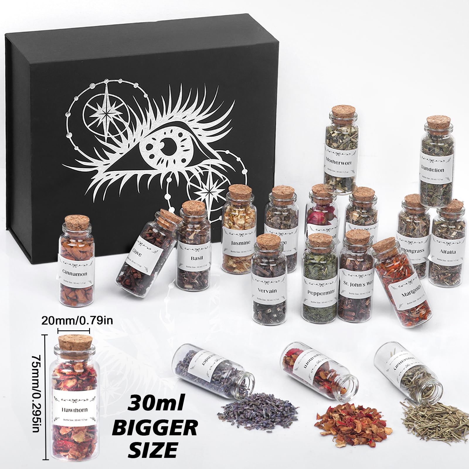 Witchcraft Supplies Herbs and Flowers Kit - Bigger Size 18pack 1.06oz Natural Dried Herbs Set with Crystals Spoon - Witchy Beginners Experienced Dried Herbs Box for Spells Rituals Room Altar Decor