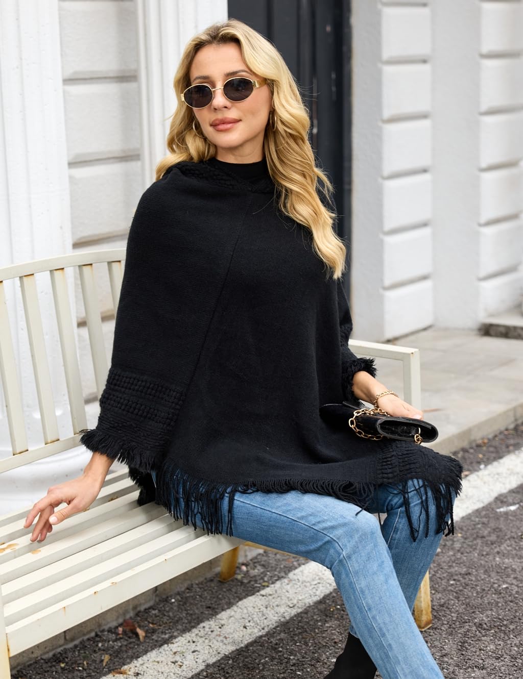 Ferand Ladies' Hooded Cape with Fringed Hem, Crochet Poncho Knitting Patterns for Women, Black
