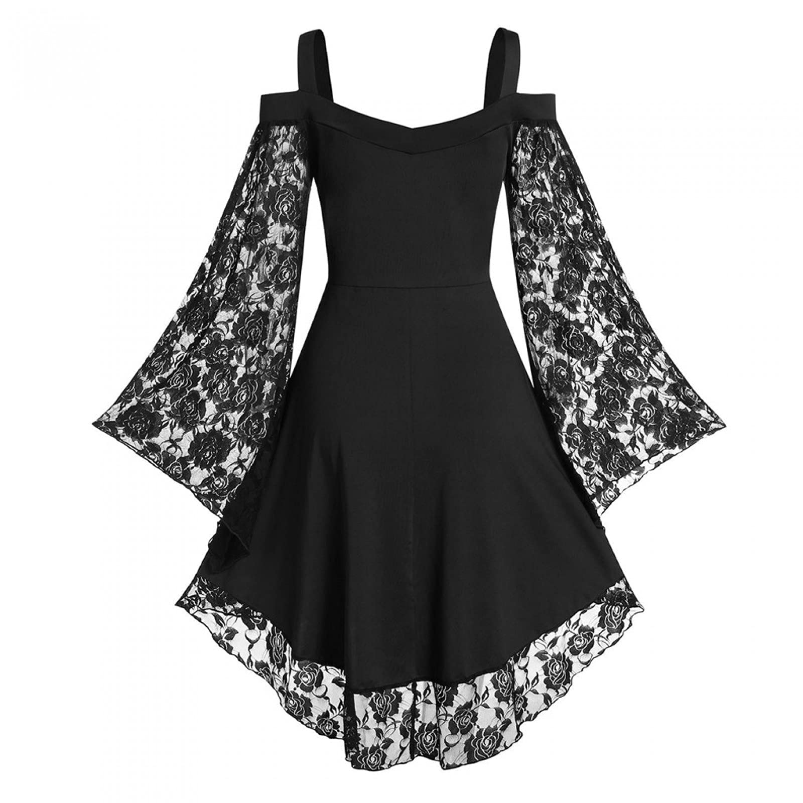 Gothic Vintage Lace Patchwork Women Dress Plus Size Goth Bandage Ladies Spaghetti Strap Dresses(Black,L)