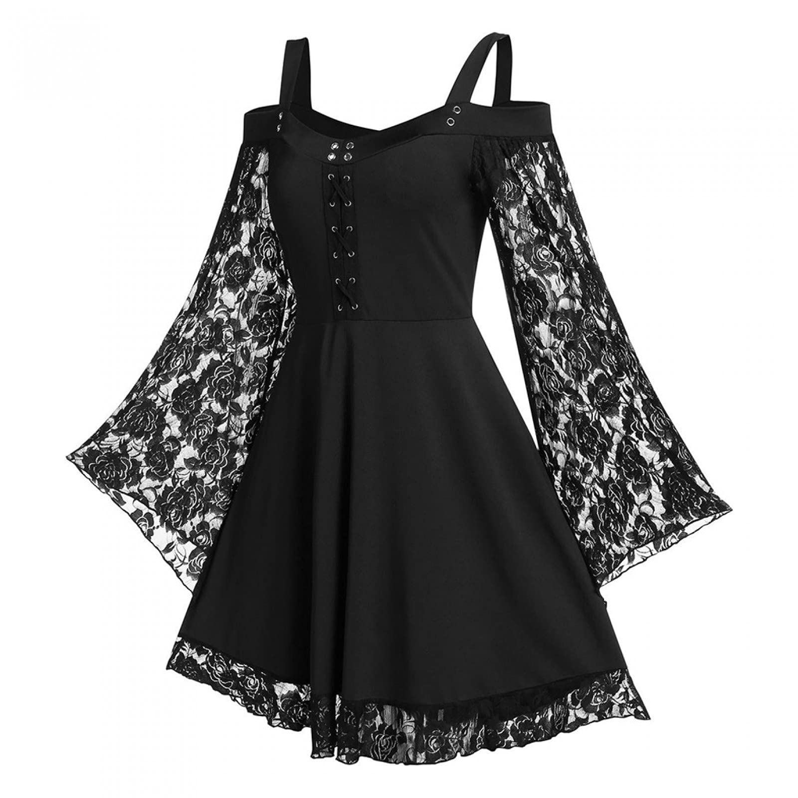 Gothic Vintage Lace Patchwork Women Dress Plus Size Goth Bandage Ladies Spaghetti Strap Dresses(Black,L)