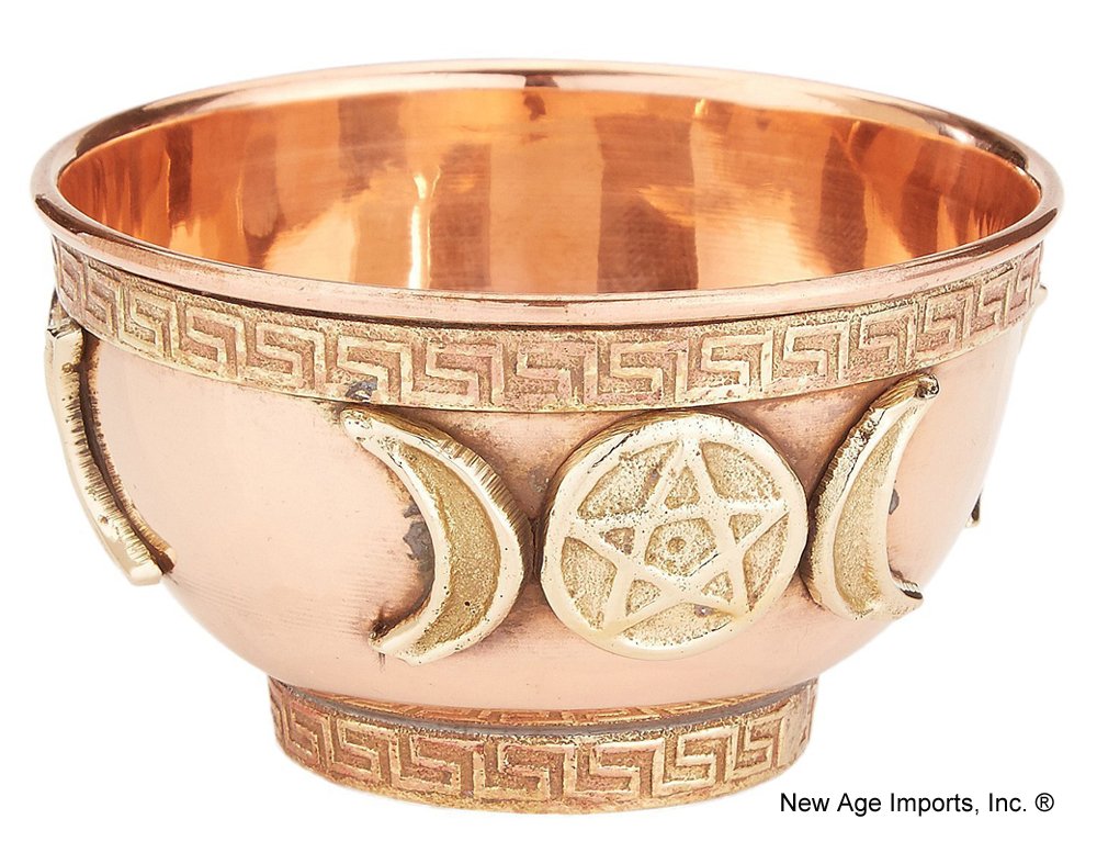 New Age Imports, Inc. bo, Triple Moon Pentacle Copper 3", for Altar, Ritual use, Incense Burner, smudging, Decoration, offering Bowl, 3" Diameter 2" Height