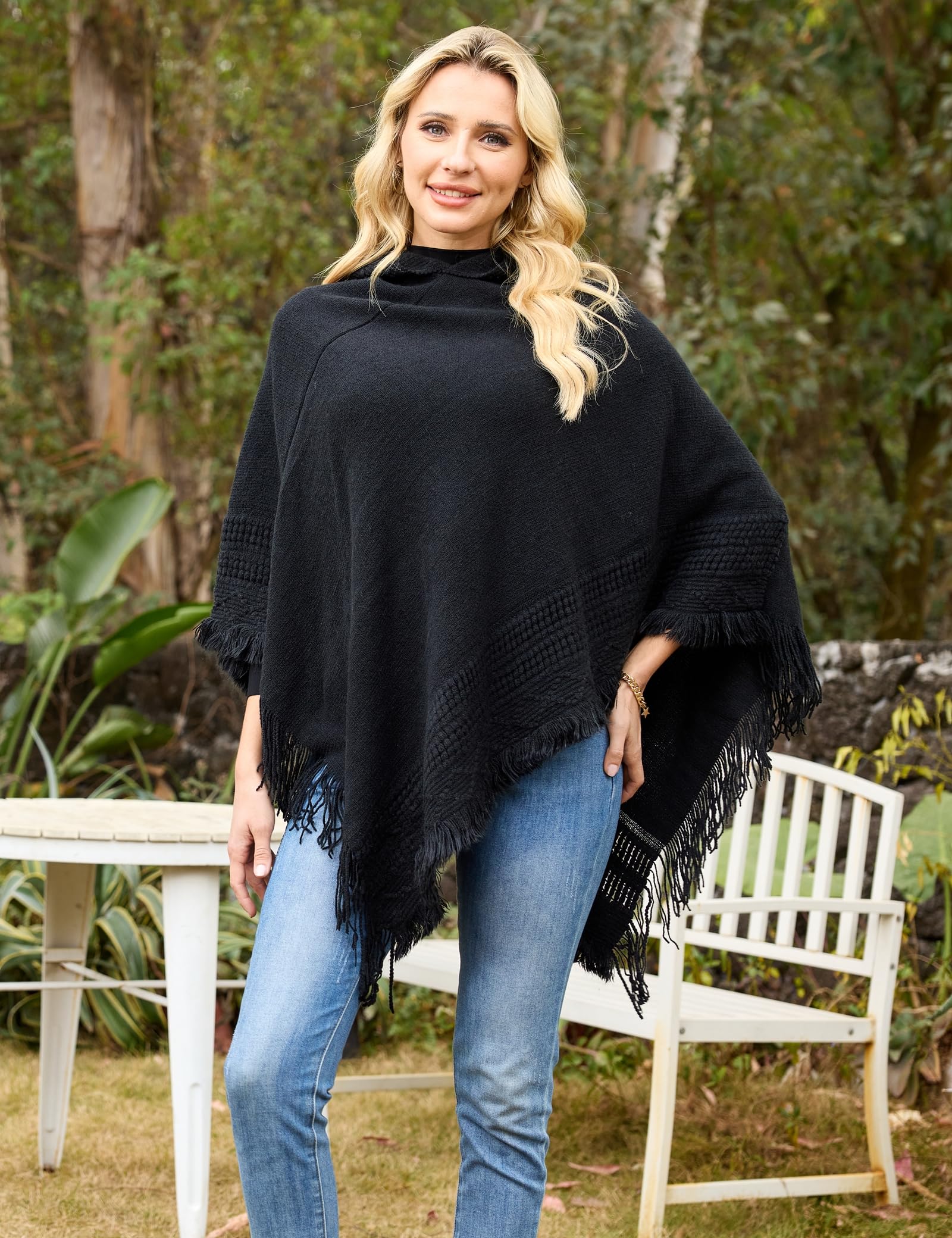Ferand Ladies' Hooded Cape with Fringed Hem, Crochet Poncho Knitting Patterns for Women, Black