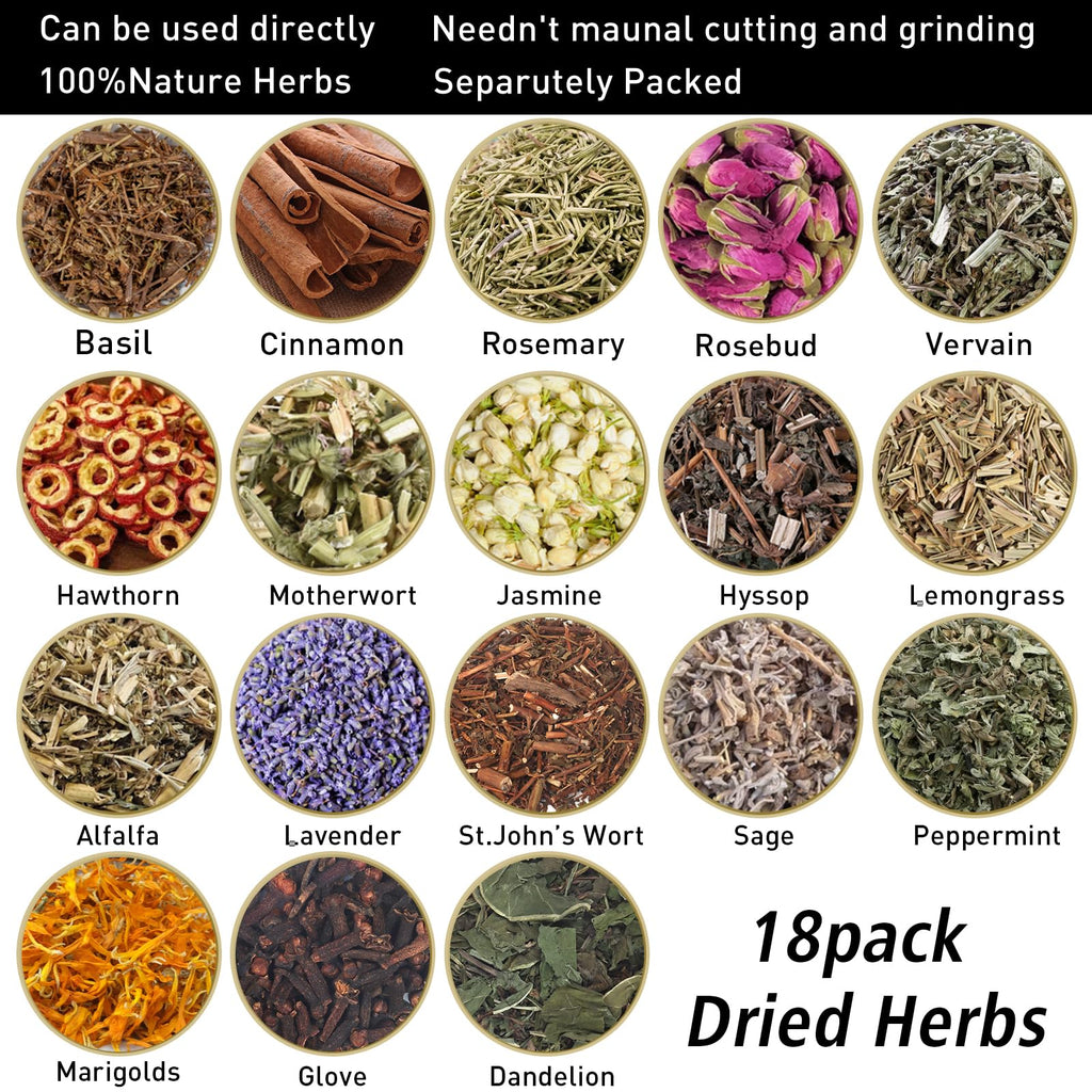 Witchcraft Supplies Herbs and Flowers Kit - Bigger Size 18pack 1.06oz Natural Dried Herbs Set with Crystals Spoon - Witchy Beginners Experienced Dried Herbs Box for Spells Rituals Room Altar Decor