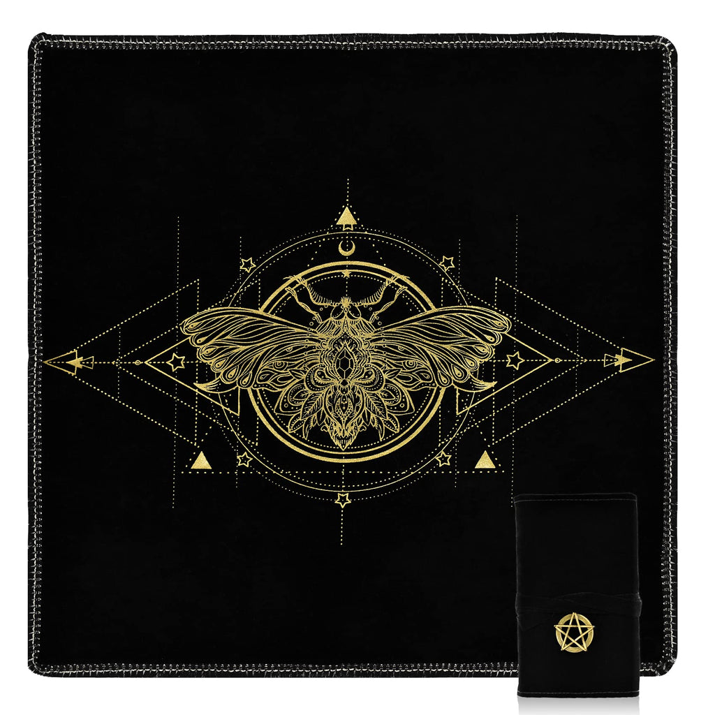 Knana 2Pcs Tarot Card Cloth - Velvet Altar Tarot Cloth with Holder Bag, Golden Bee Pattern - 19.68 x 19.68 inches - Black