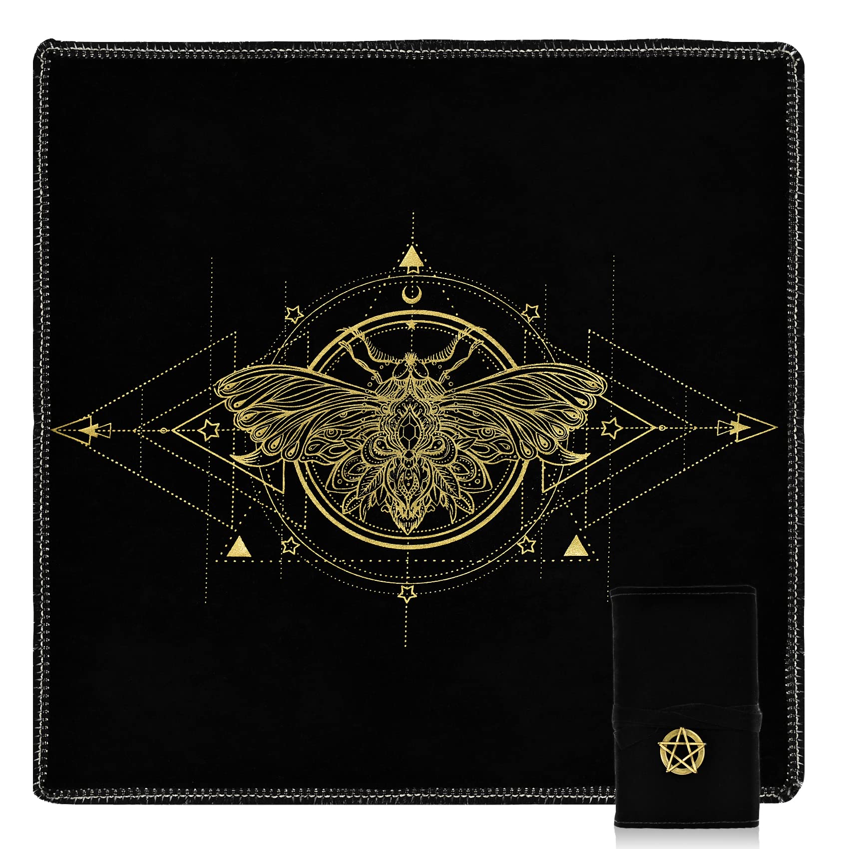 Knana 2Pcs Tarot Card Cloth - Velvet Altar Tarot Cloth with Holder Bag, Golden Bee Pattern - 19.68 x 19.68 inches - Black