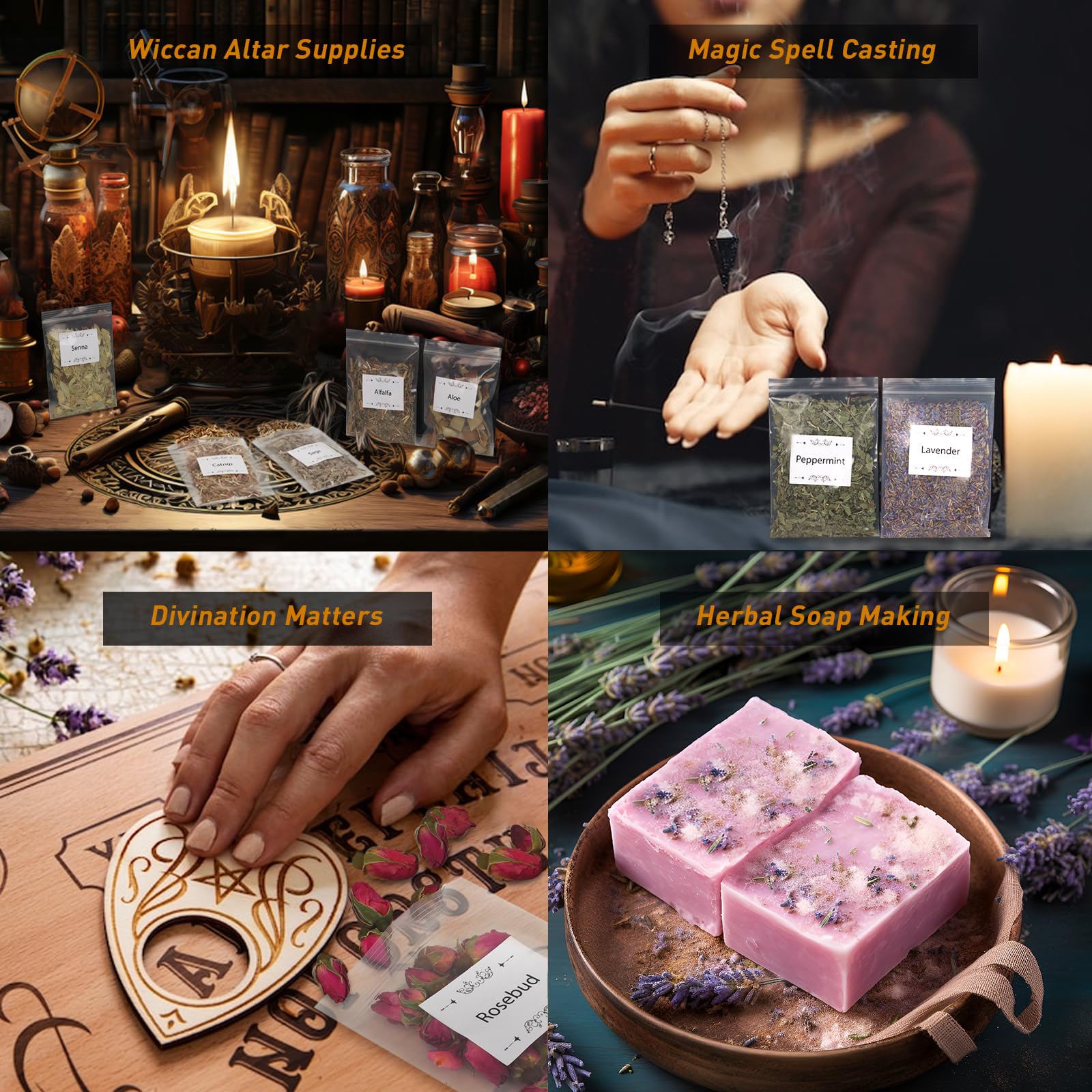 35Pcs Dried Herbs for Witchcraft Supplies, Dried Herb Kit for Witch Beginner, Wiccan, Wicca Altar Supplies, Magic Ritual and Spell, Candle and Soap Making, with Witchy Bell and More