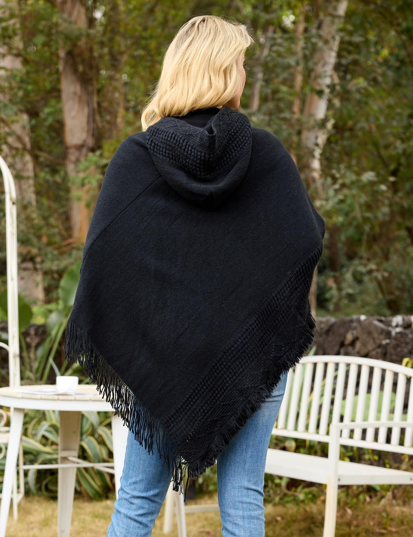 Ferand Ladies' Hooded Cape with Fringed Hem, Crochet Poncho Knitting Patterns for Women, Black