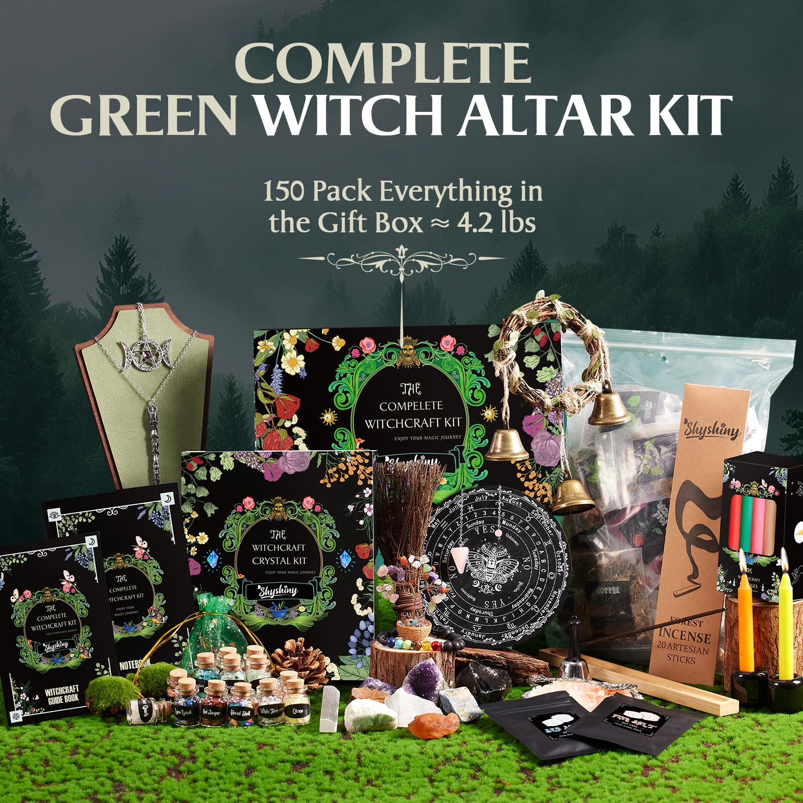 SHYSHINY Witchcraft Supplies Kit, 150Pack Wiccan Supplies and Tools Witchy Gifts for Beginners, Dried Herbs, Crystals, Candles, Green Witch Altar Starter Spell