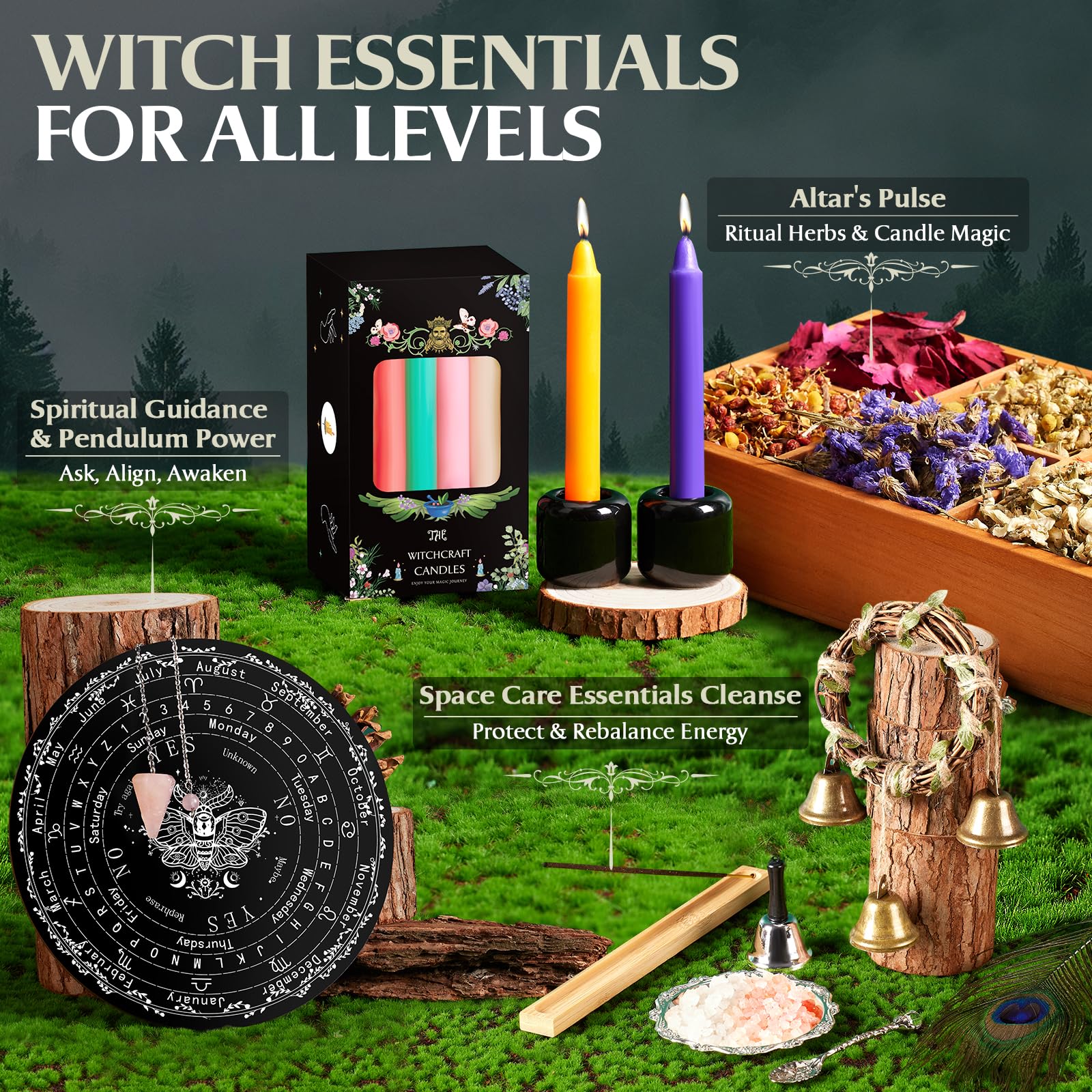 SHYSHINY Witchcraft Supplies Kit, 150Pack Wiccan Supplies and Tools Witchy Gifts for Beginners, Dried Herbs, Crystals, Candles, Green Witch Altar Starter Spell