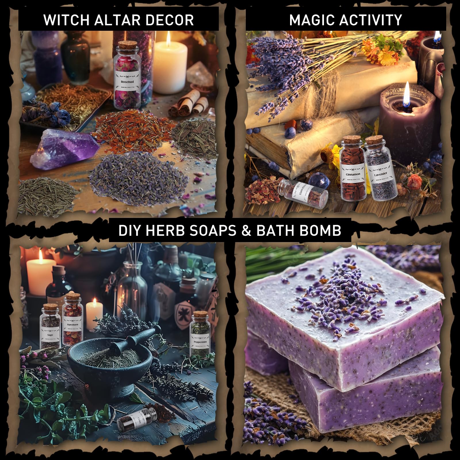 Witchcraft Supplies Herbs and Flowers Kit - Bigger Size 18pack 1.06oz Natural Dried Herbs Set with Crystals Spoon - Witchy Beginners Experienced Dried Herbs Box for Spells Rituals Room Altar Decor