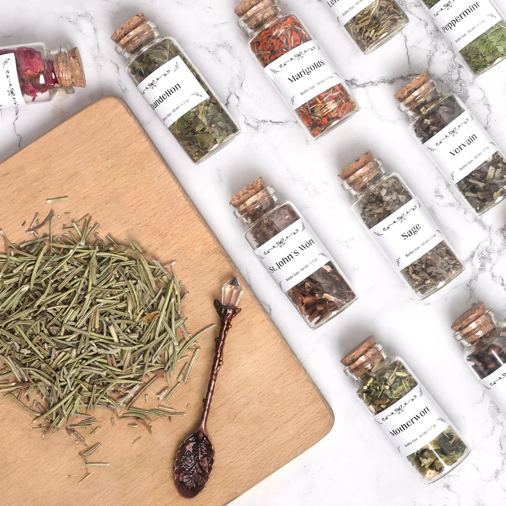 Witchcraft Supplies Herbs and Flowers Kit - Bigger Size 18pack 1.06oz Natural Dried Herbs Set with Crystals Spoon - Witchy Beginners Experienced Dried Herbs Box for Spells Rituals Room Altar Decor