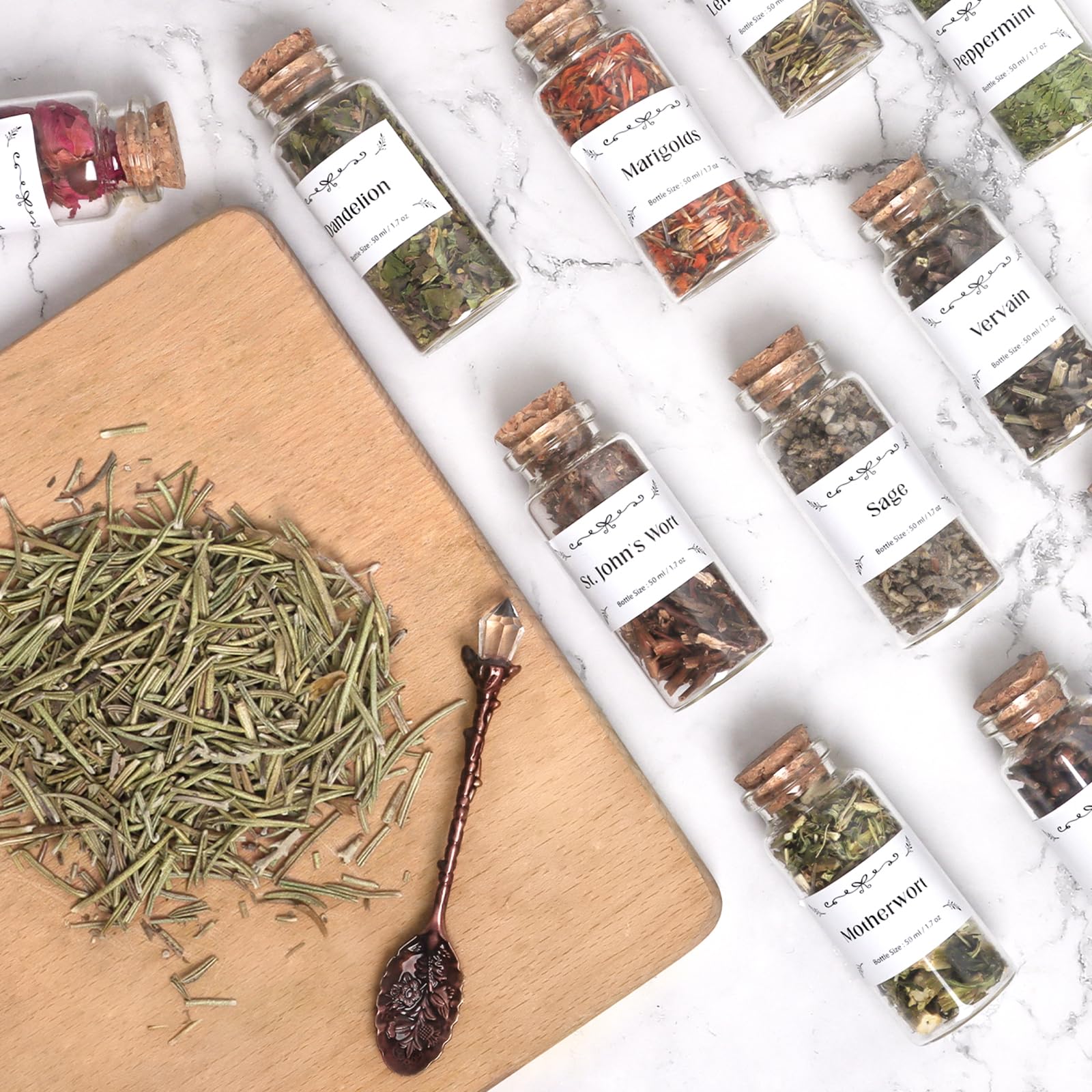 Witchcraft Supplies Herbs and Flowers Kit - Bigger Size 18pack 1.06oz Natural Dried Herbs Set with Crystals Spoon - Witchy Beginners Experienced Dried Herbs Box for Spells Rituals Room Altar Decor