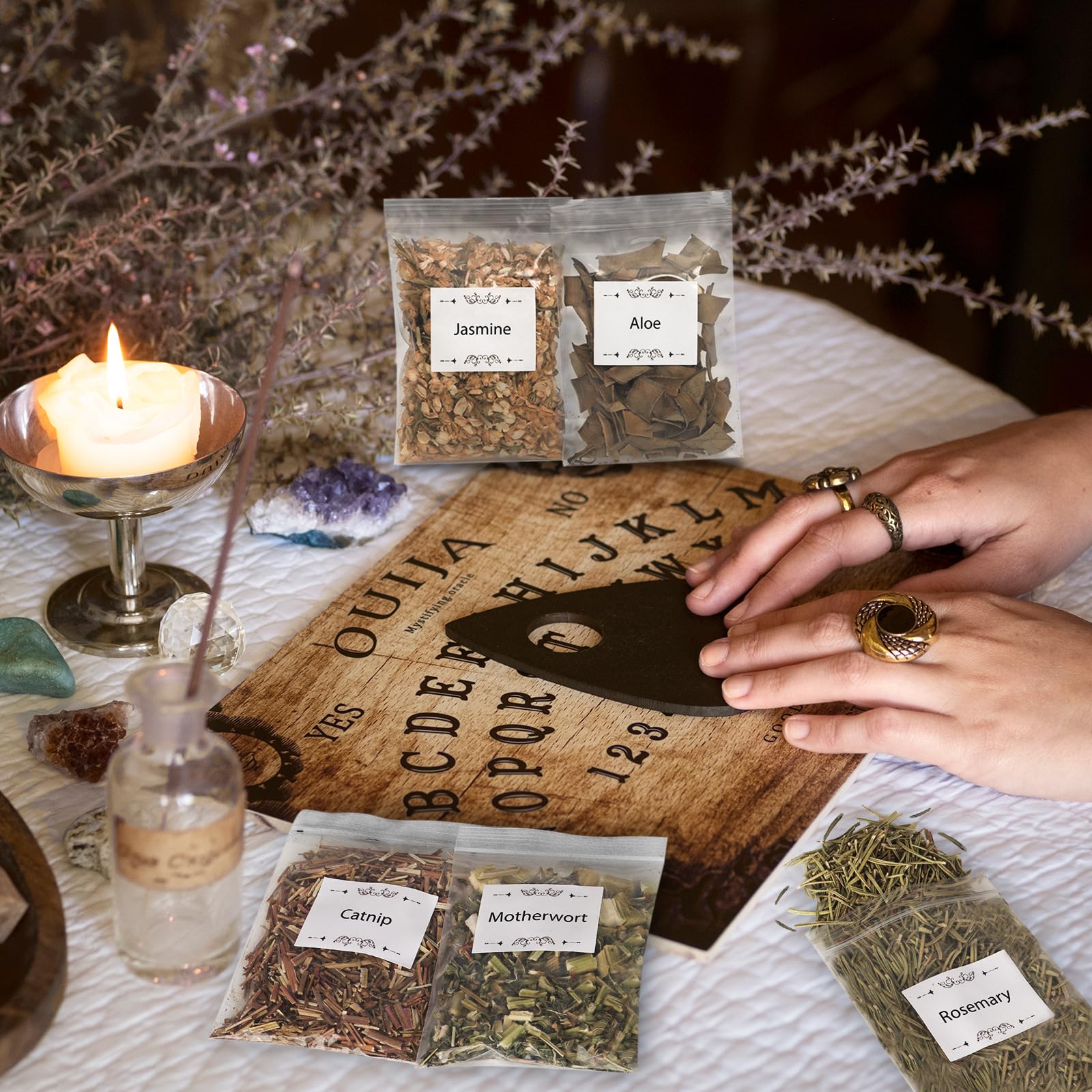 35Pcs Dried Herbs for Witchcraft Supplies, Dried Herb Kit for Witch Beginner, Wiccan, Wicca Altar Supplies, Magic Ritual and Spell, Candle and Soap Making, with Witchy Bell and More