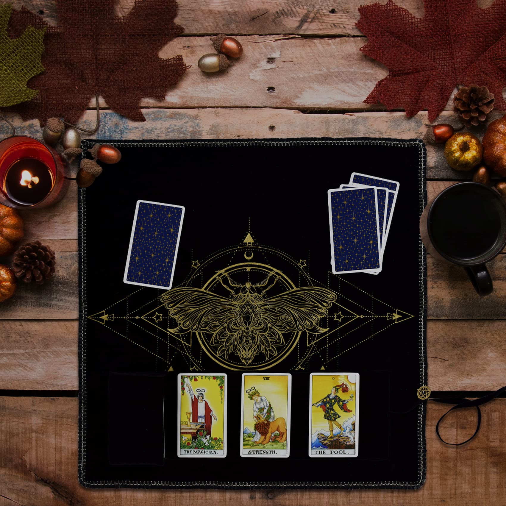 Knana 2Pcs Tarot Card Cloth - Velvet Altar Tarot Cloth with Holder Bag, Golden Bee Pattern - 19.68 x 19.68 inches - Black