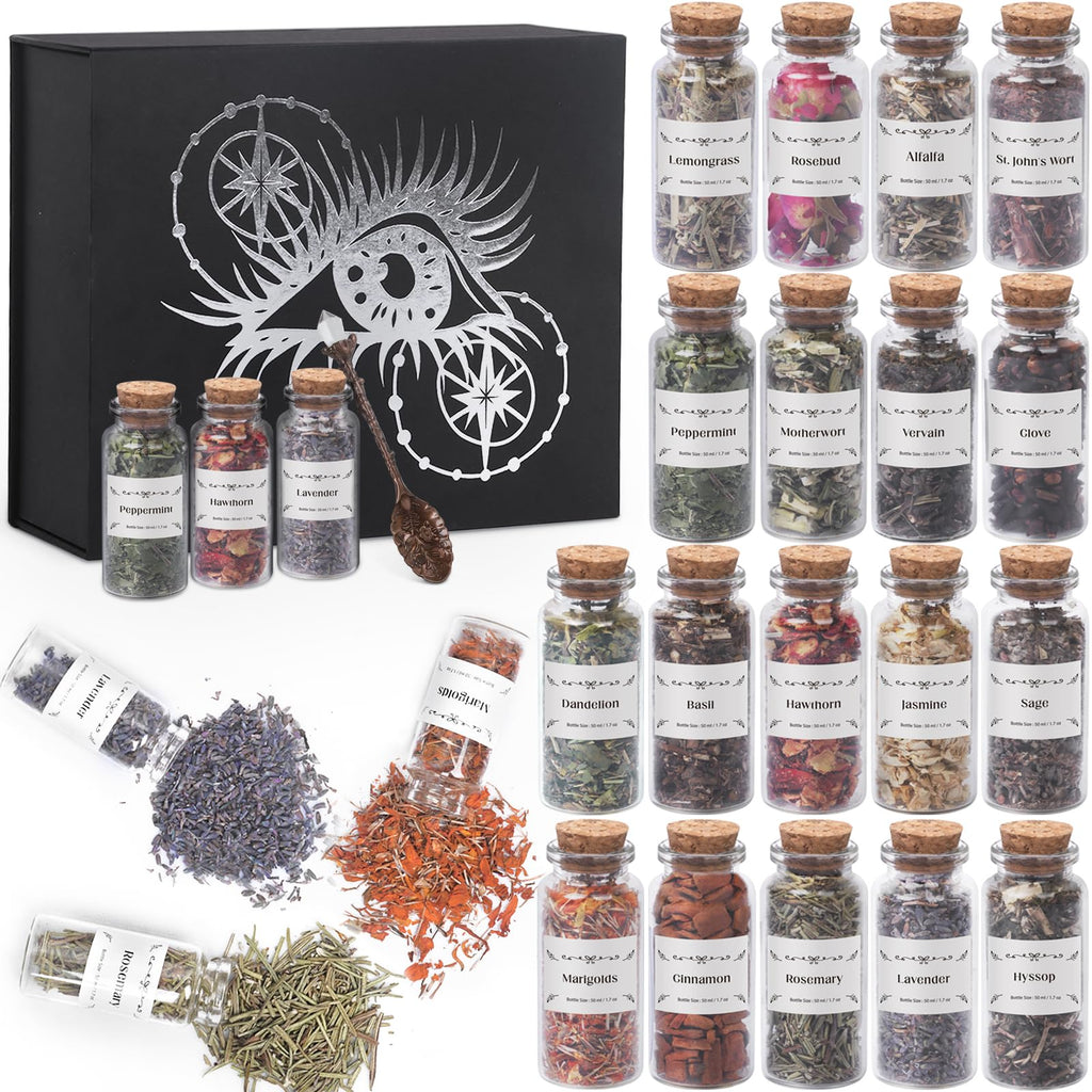 Witchcraft Supplies Herbs and Flowers Kit - Bigger Size 18pack 1.06oz Natural Dried Herbs Set with Crystals Spoon - Witchy Beginners Experienced Dried Herbs Box for Spells Rituals Room Altar Decor