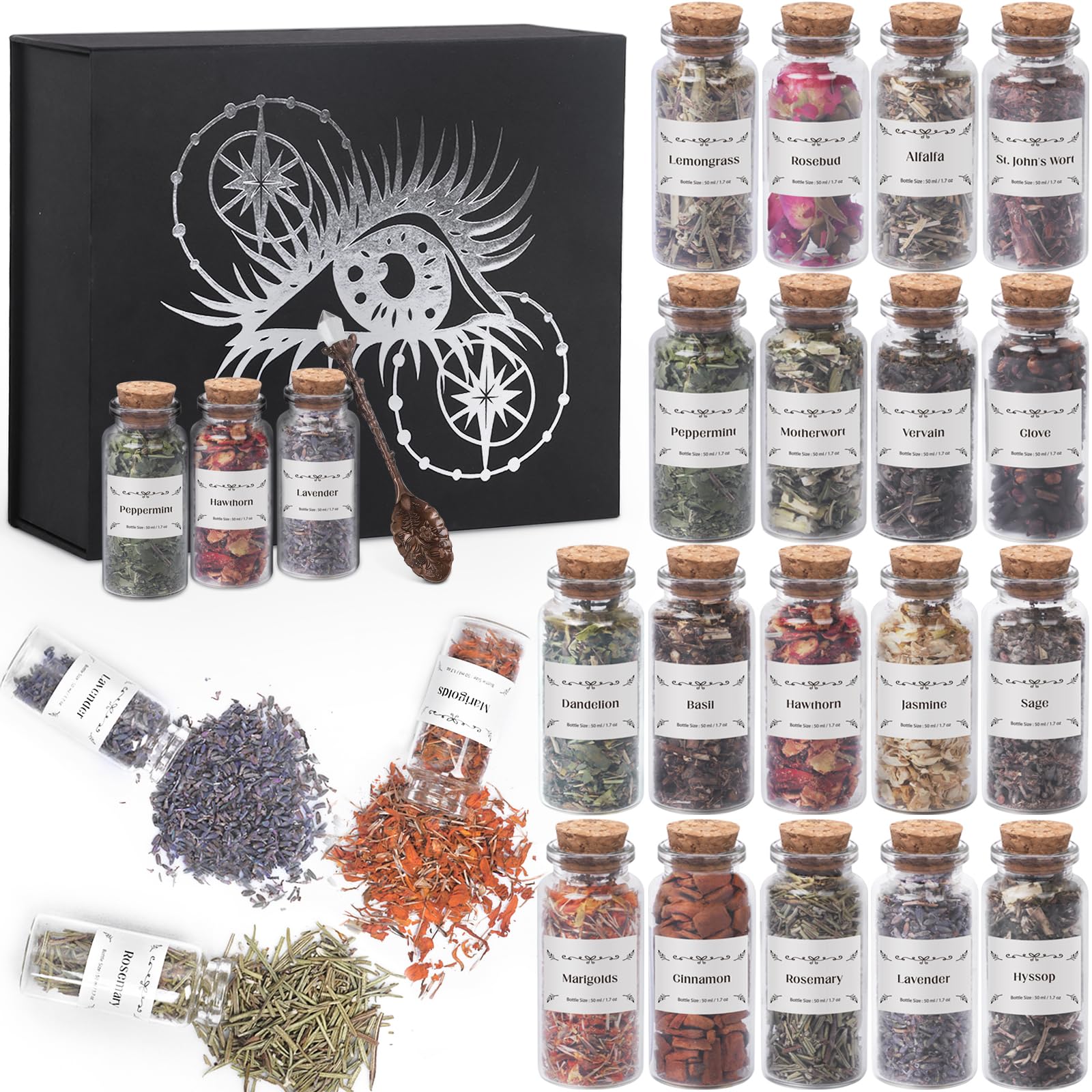 Witchcraft Supplies Herbs and Flowers Kit - Bigger Size 18pack 1.06oz Natural Dried Herbs Set with Crystals Spoon - Witchy Beginners Experienced Dried Herbs Box for Spells Rituals Room Altar Decor