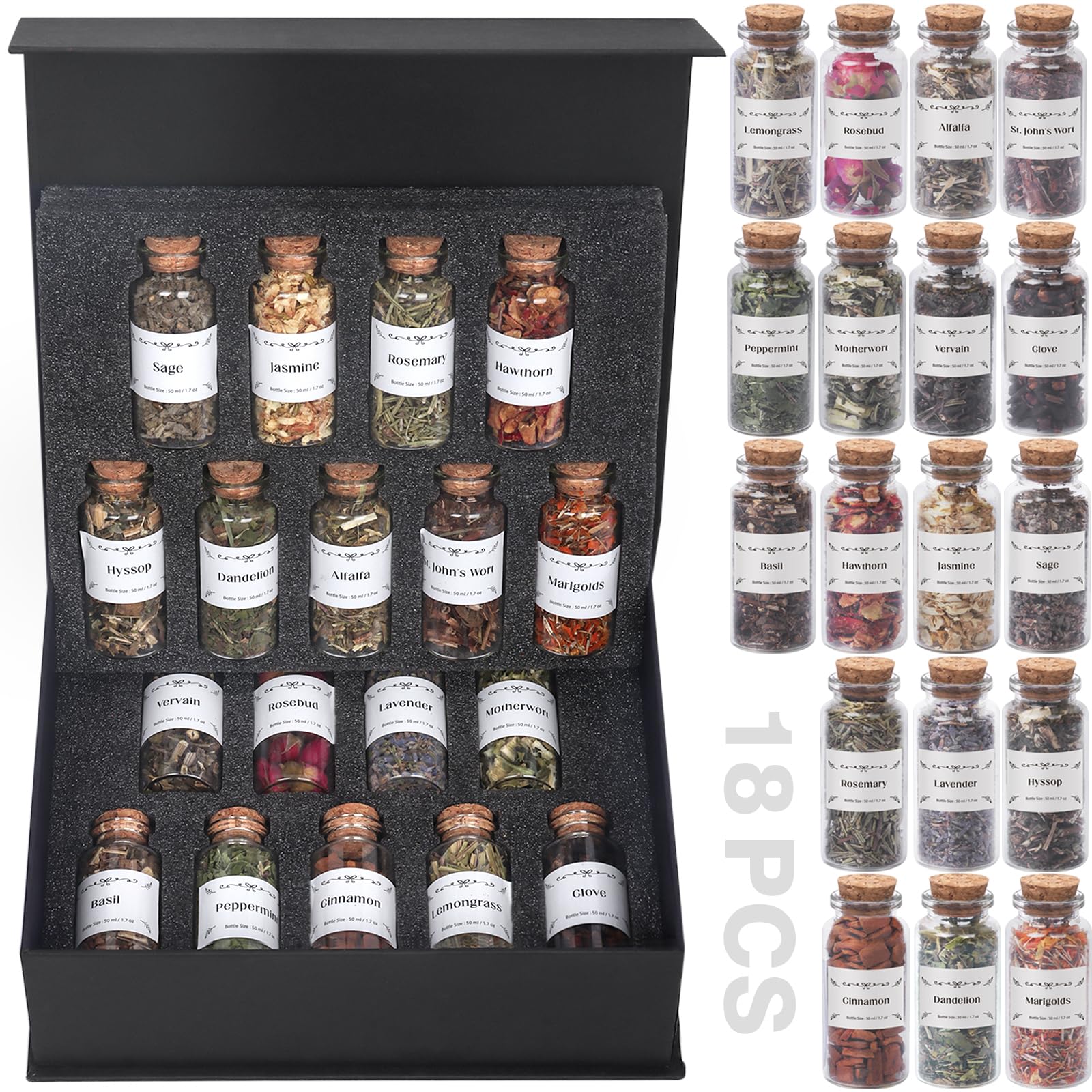 Witchcraft Supplies Herbs and Flowers Kit - Bigger Size 18pack 1.06oz Natural Dried Herbs Set with Crystals Spoon - Witchy Beginners Experienced Dried Herbs Box for Spells Rituals Room Altar Decor