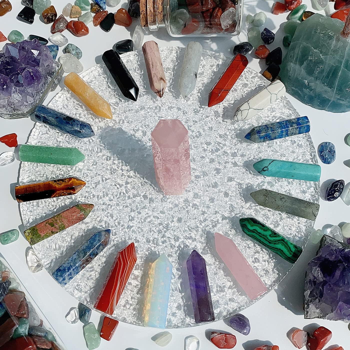QINJIEJIE 20 PCS Healing Crystals Stones Sets Wands Bulk Natural Pocket Amethyst Crystal Rose Quartz Assorted Pointed Reiki Gemstones Polished Energy Meditation Chakra Christmas Gift Stocking Stuffers