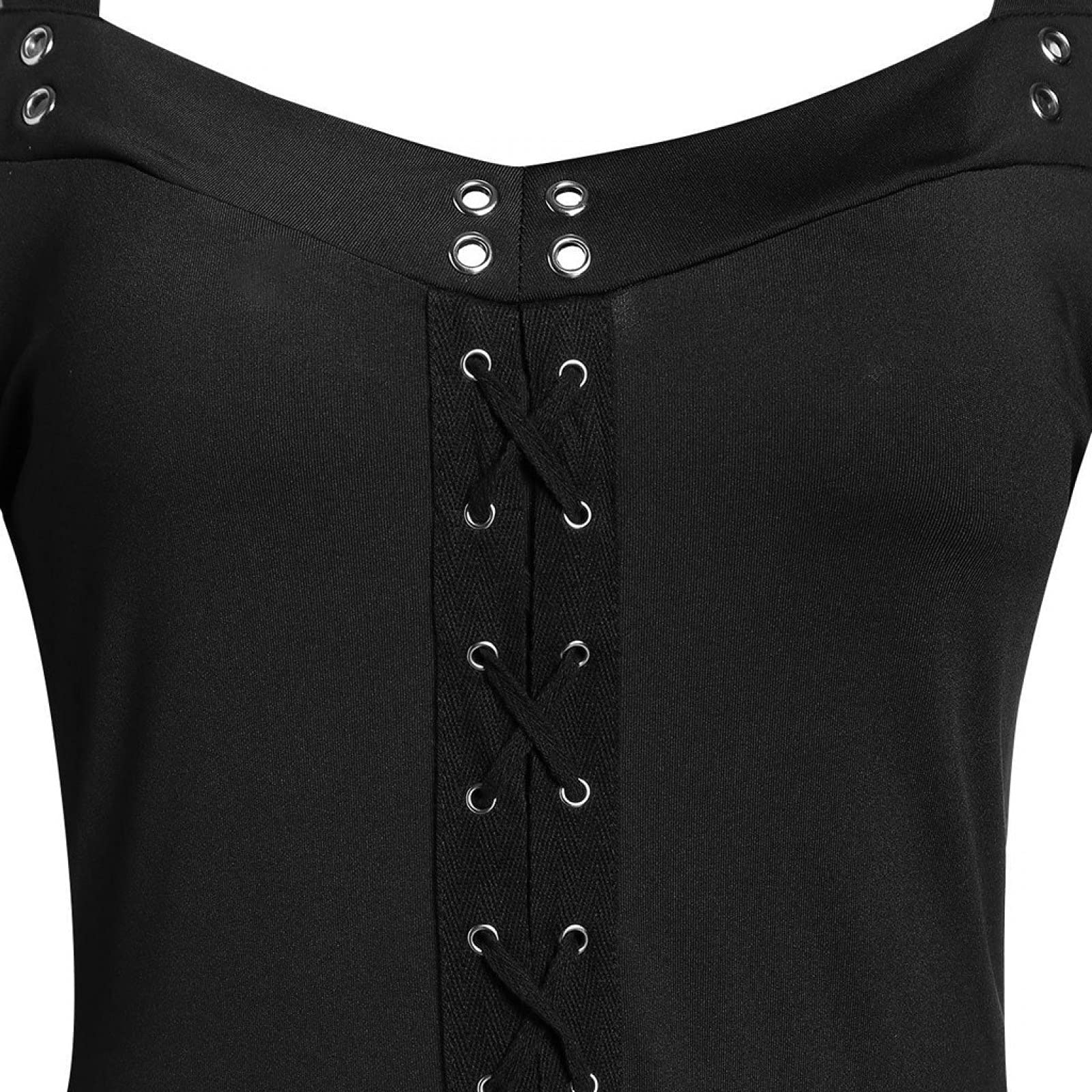 Gothic Vintage Lace Patchwork Women Dress Plus Size Goth Bandage Ladies Spaghetti Strap Dresses(Black,L)