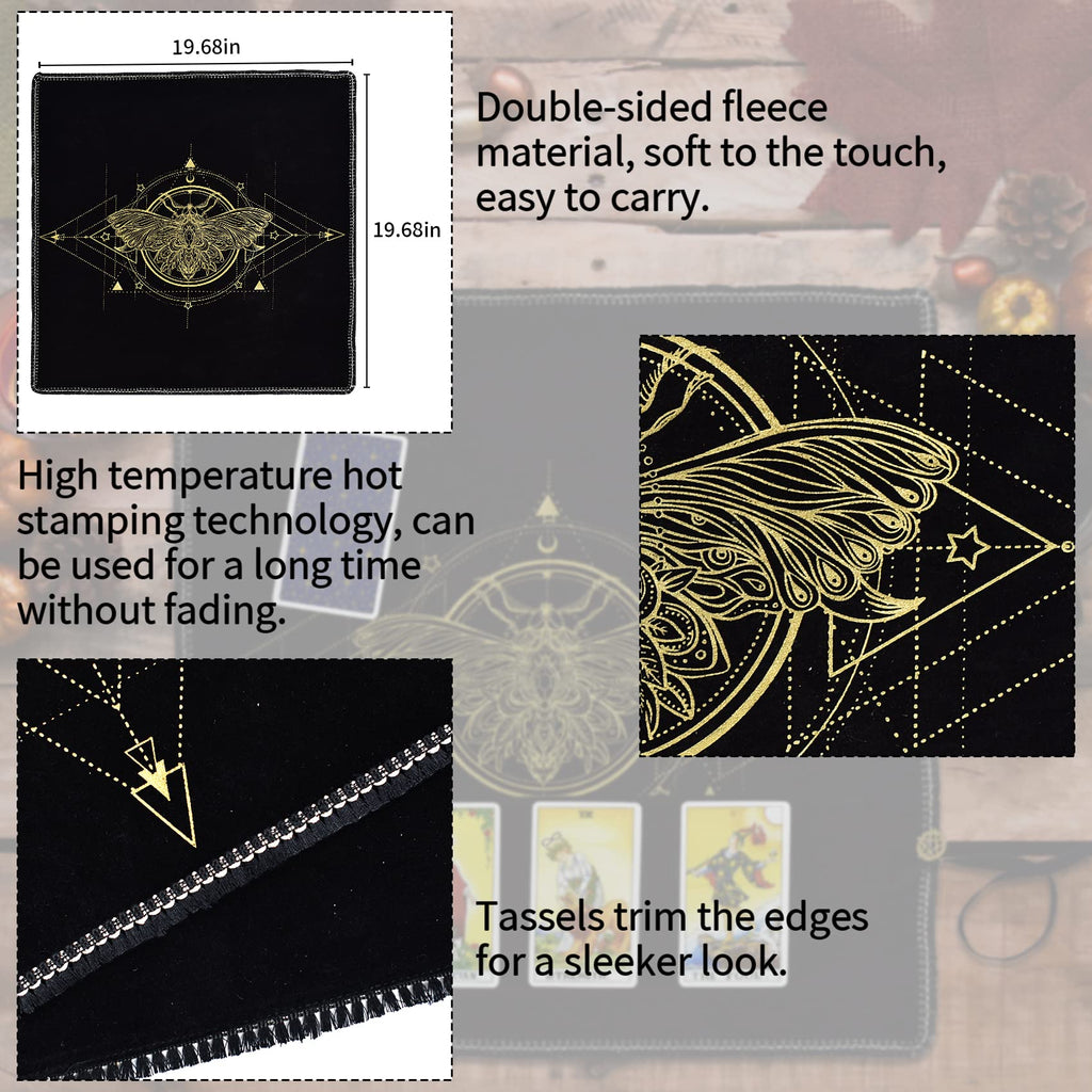 Knana 2Pcs Tarot Card Cloth - Velvet Altar Tarot Cloth with Holder Bag, Golden Bee Pattern - 19.68 x 19.68 inches - Black