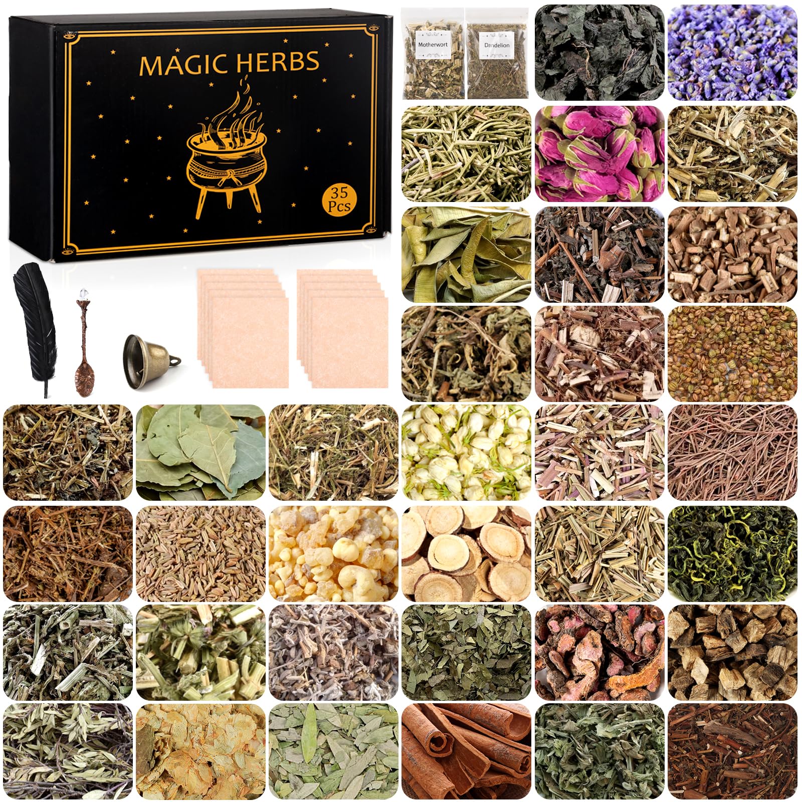 35Pcs Dried Herbs for Witchcraft Supplies, Dried Herb Kit for Witch Beginner, Wiccan, Wicca Altar Supplies, Magic Ritual and Spell, Candle and Soap Making, with Witchy Bell and More
