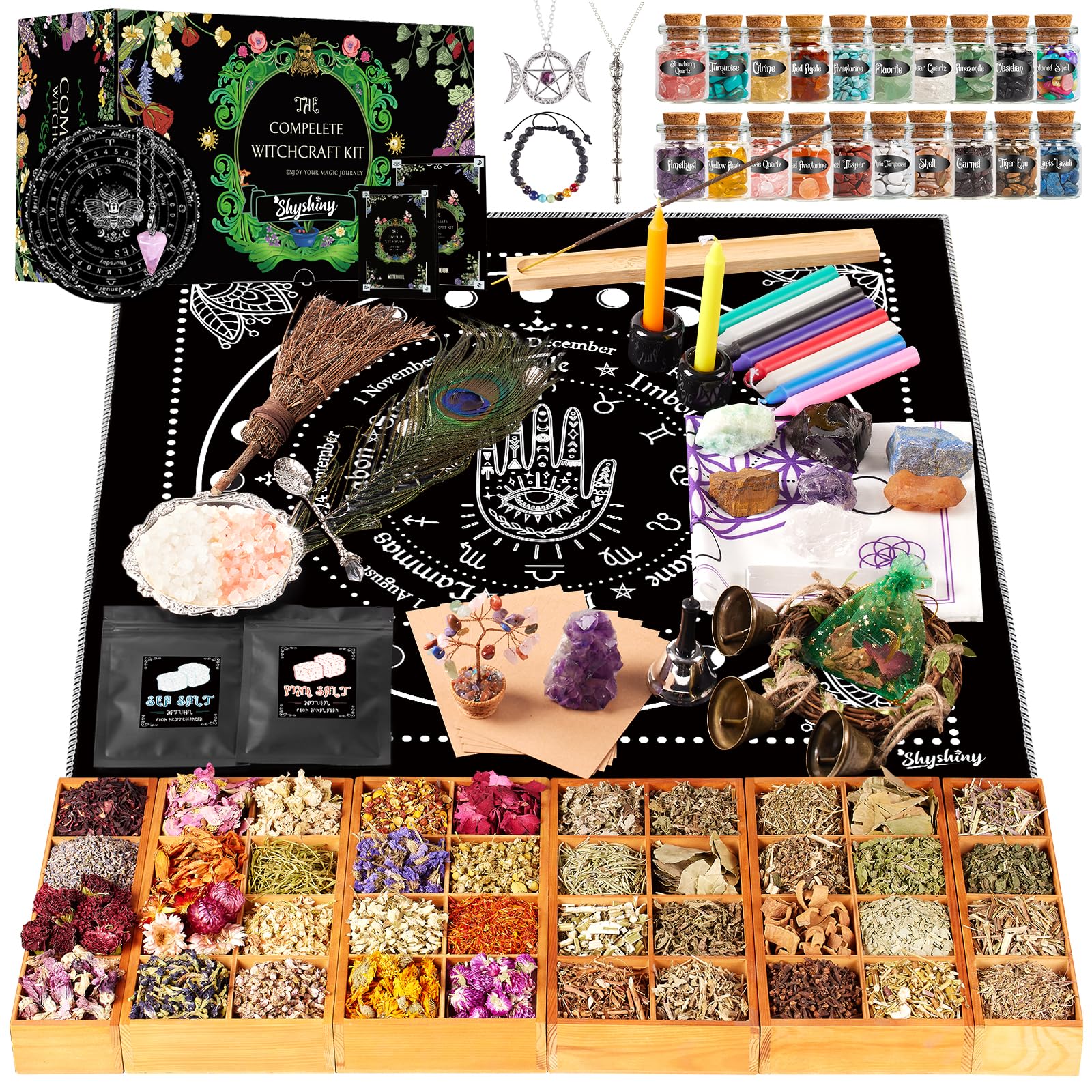 SHYSHINY Witchcraft Supplies Kit, 150Pack Wiccan Supplies and Tools Witchy Gifts for Beginners, Dried Herbs, Crystals, Candles, Green Witch Altar Starter Spell