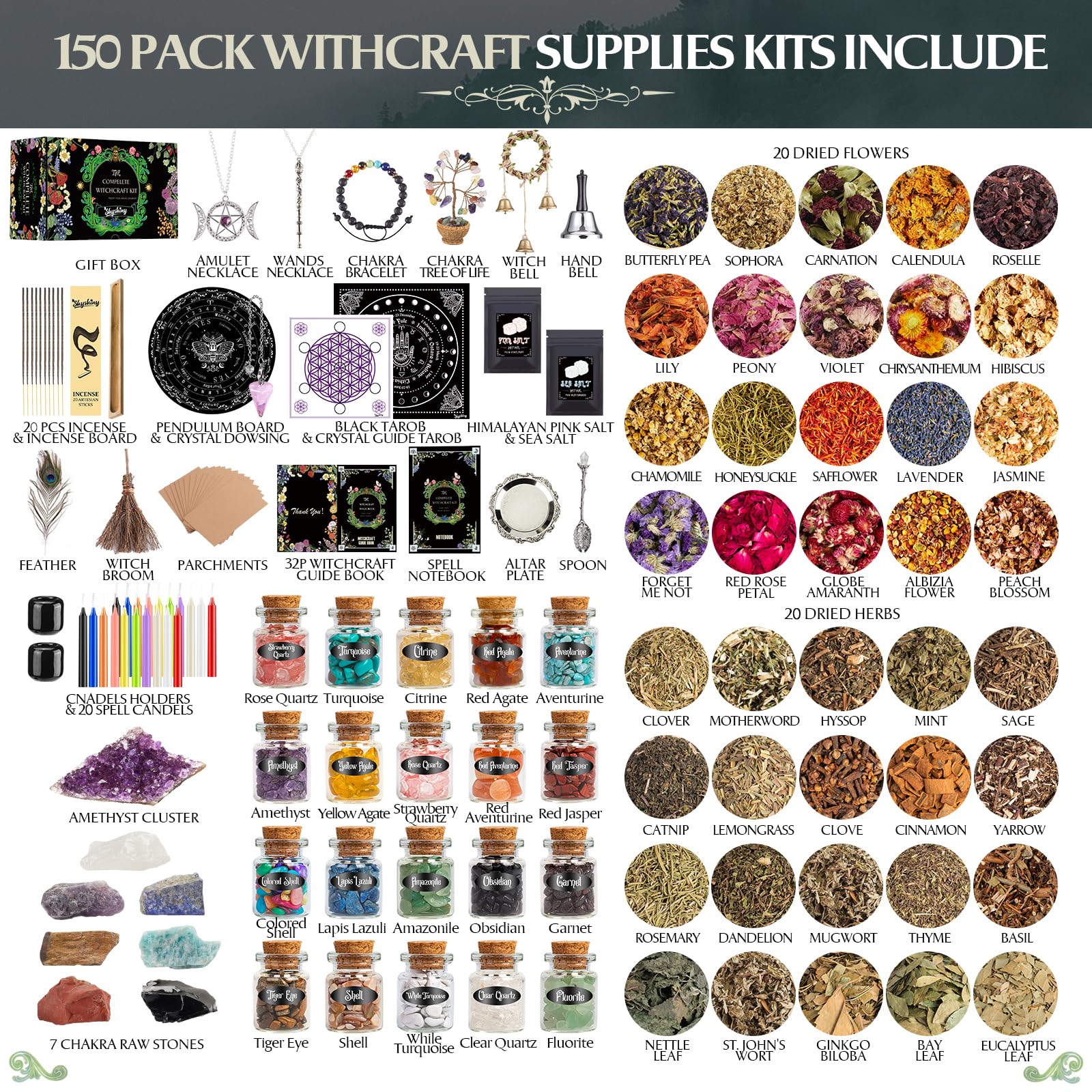 SHYSHINY Witchcraft Supplies Kit, 150Pack Wiccan Supplies and Tools Witchy Gifts for Beginners, Dried Herbs, Crystals, Candles, Green Witch Altar Starter Spell